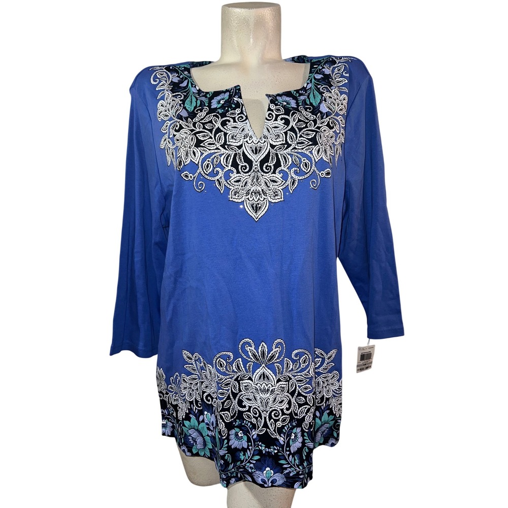 New Karen Scott Woman Top Blue Floral Medallion 3/4 Sleeve Cotton Tunic 1X NWT